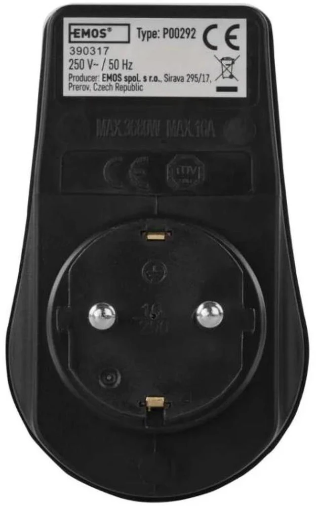 Emos Lizdas su jungikliu P00292, 1x2P+PE, 3 680 W, IP44, juoda, vaikų apsauga