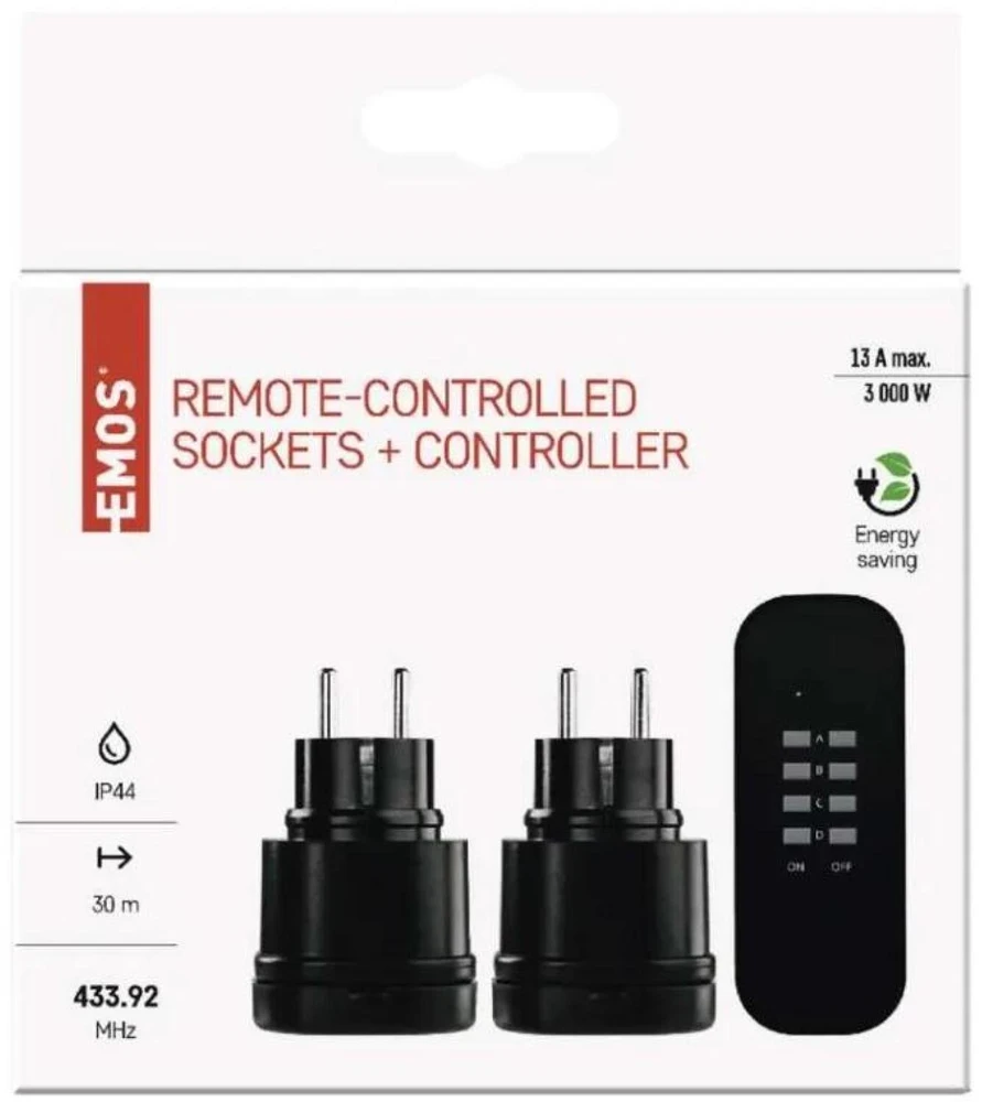 Emos Nuotolinio valdymo lizdai P0068, 1x2P+PE, IP44, 3000W, iki 30m, iki 4 lizdų, vaikų apsauga