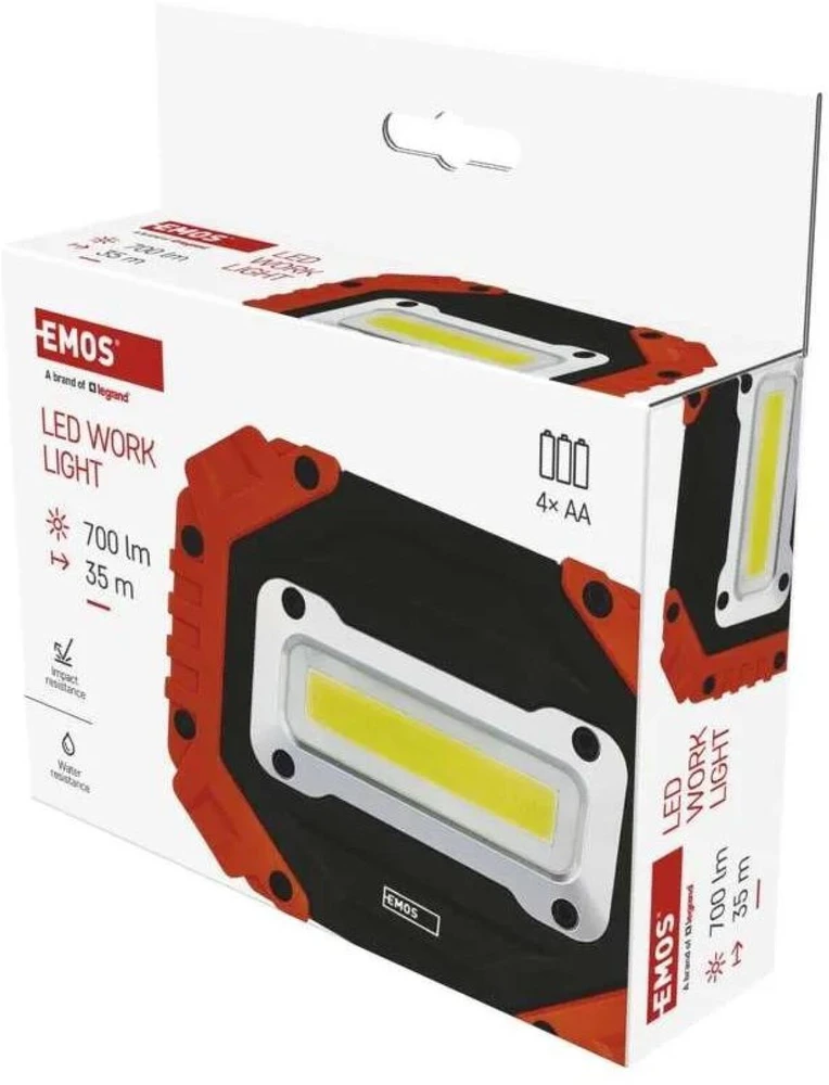 Emos P4113 COB LED darbinė lempa, 700 lm, 4×AA, 3 režimai, IP43, atspari smūgiams, 35 m