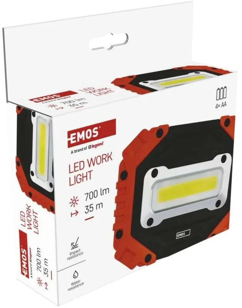 Emos P4113 COB LED darbinė lempa, 700 lm, 4×AA, 3 režimai, IP43, atspari smūgiams, 35 m