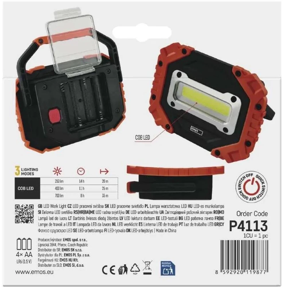 Emos P4113 COB LED darbinė lempa, 700 lm, 4×AA, 3 režimai, IP43, atspari smūgiams, 35 m