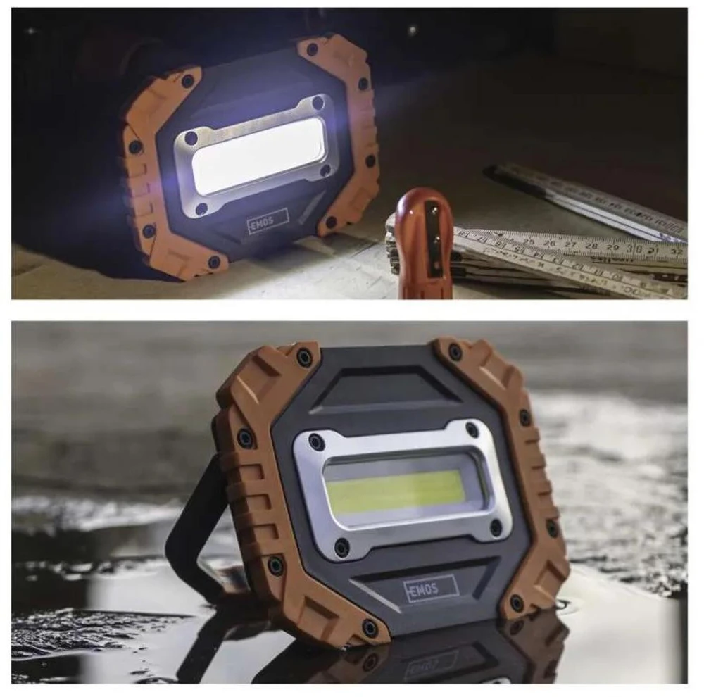 Emos P4113 COB LED darbinė lempa, 700 lm, 4×AA, 3 režimai, IP43, atspari smūgiams, 35 m