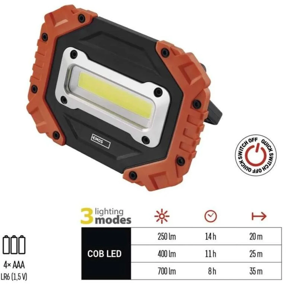 Emos P4113 COB LED darbinė lempa, 700 lm, 4×AA, 3 režimai, IP43, atspari smūgiams, 35 m