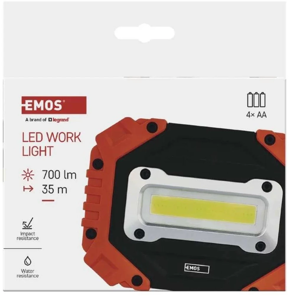 Emos P4113 COB LED darbinė lempa, 700 lm, 4×AA, 3 režimai, IP43, atspari smūgiams, 35 m