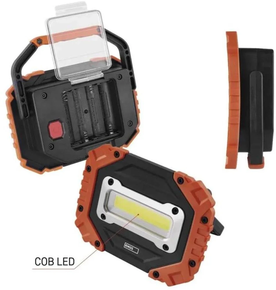 Emos P4113 COB LED darbinė lempa, 700 lm, 4×AA, 3 režimai, IP43, atspari smūgiams, 35 m