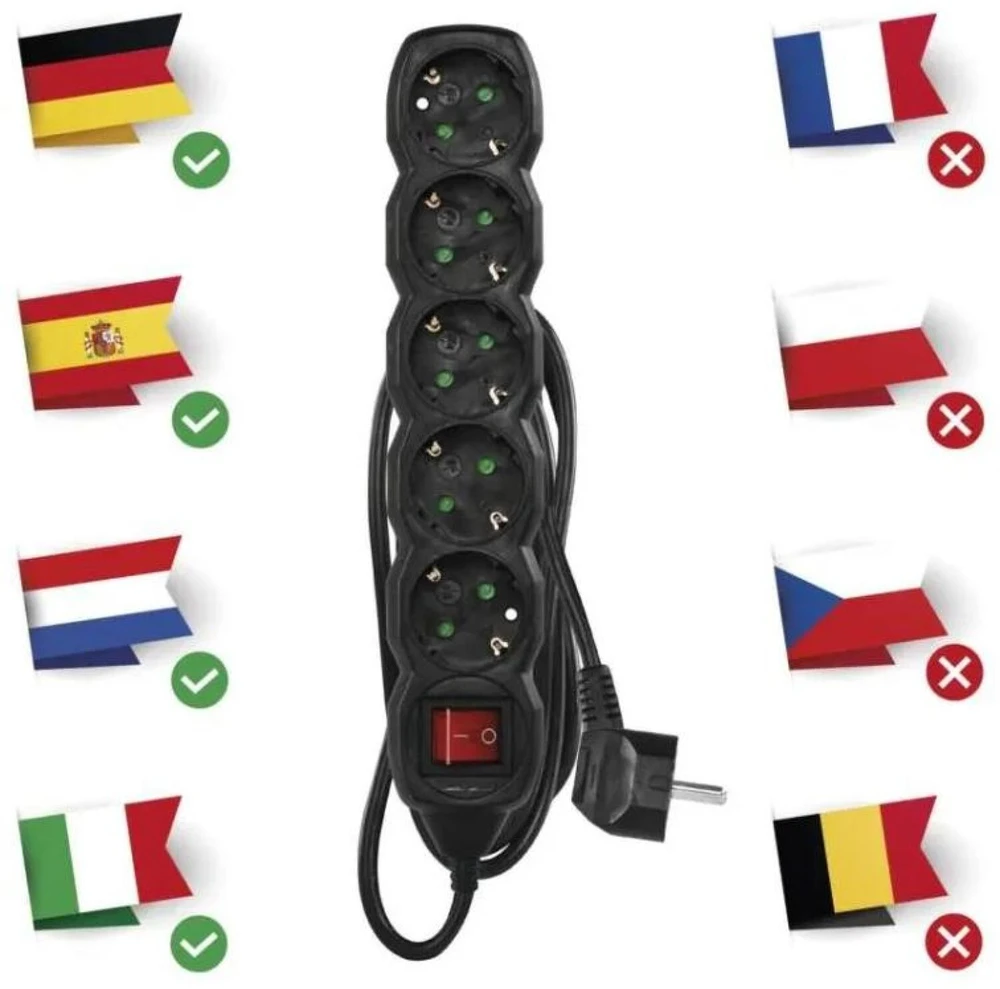 Emos Pailgintuvas PC1521R, 1,5m, 5x2P+PE, 3680W, PVC, su jungikliu, vaikų apsauga