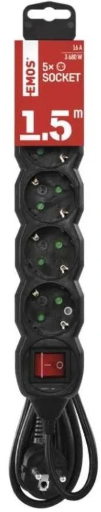 Emos Pailgintuvas PC1521R, 1,5m, 5x2P+PE, 3680W, PVC, su jungikliu, vaikų apsauga