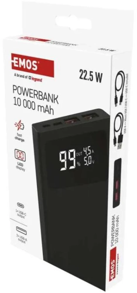 Emos Power Bank BetaQ 10 B0531B, 10000 mAh, 22,5 W, 4 išėjimai, 18 W įvestis, LED indikatorius