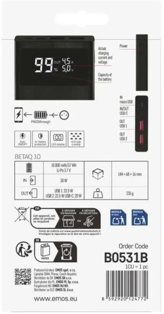 Emos Power Bank BetaQ 10 B0531B, 10000 mAh, 22,5 W, 4 išėjimai, 18 W įvestis, LED indikatorius