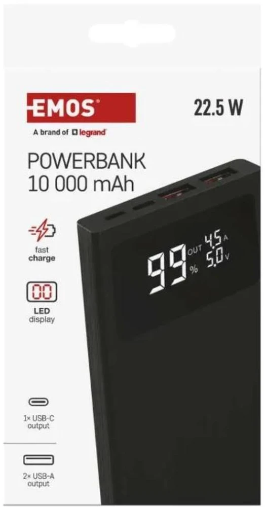 Emos Power Bank BetaQ 10 B0531B, 10000 mAh, 22,5 W, 4 išėjimai, 18 W įvestis, LED indikatorius