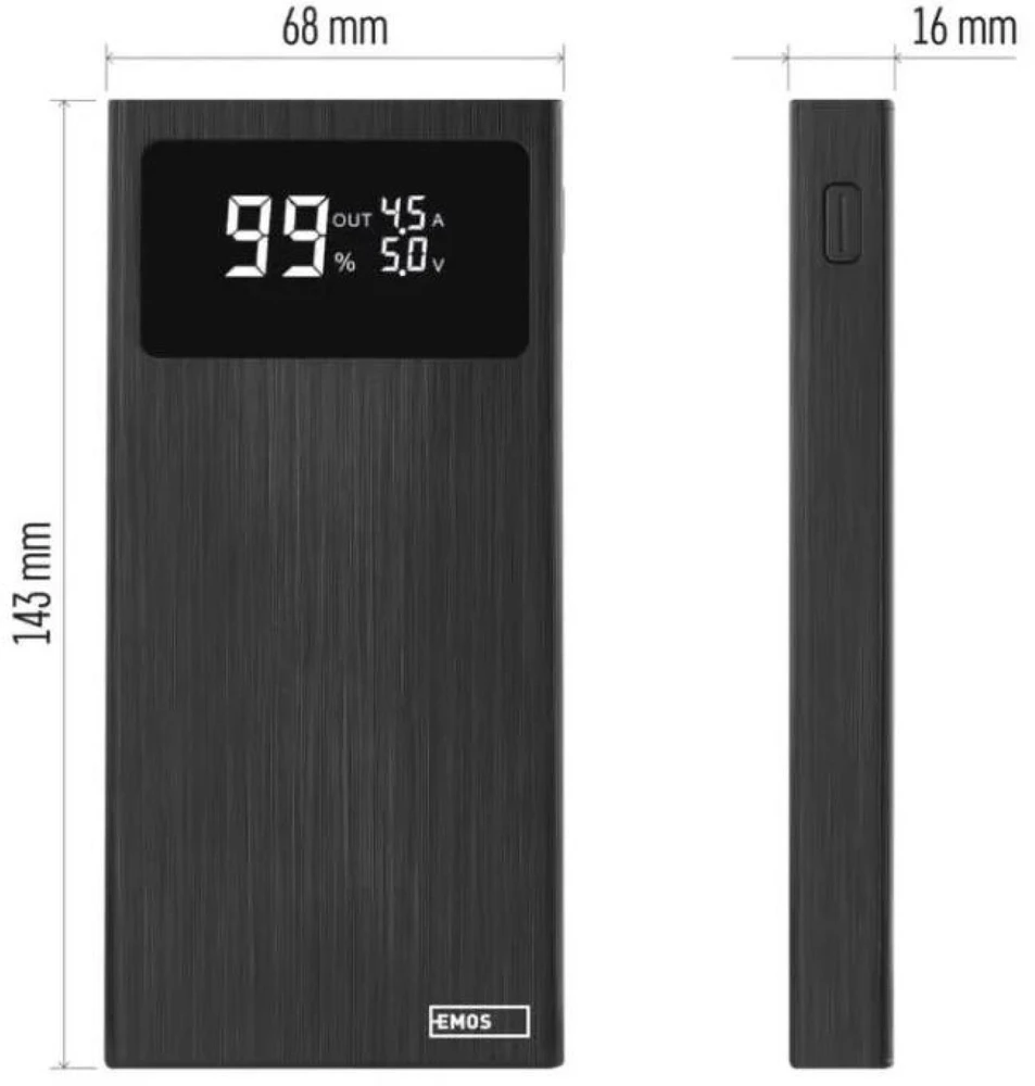 Emos Power Bank BetaQ 10 B0531B, 10000 mAh, 22,5 W, 4 išėjimai, 18 W įvestis, LED indikatorius