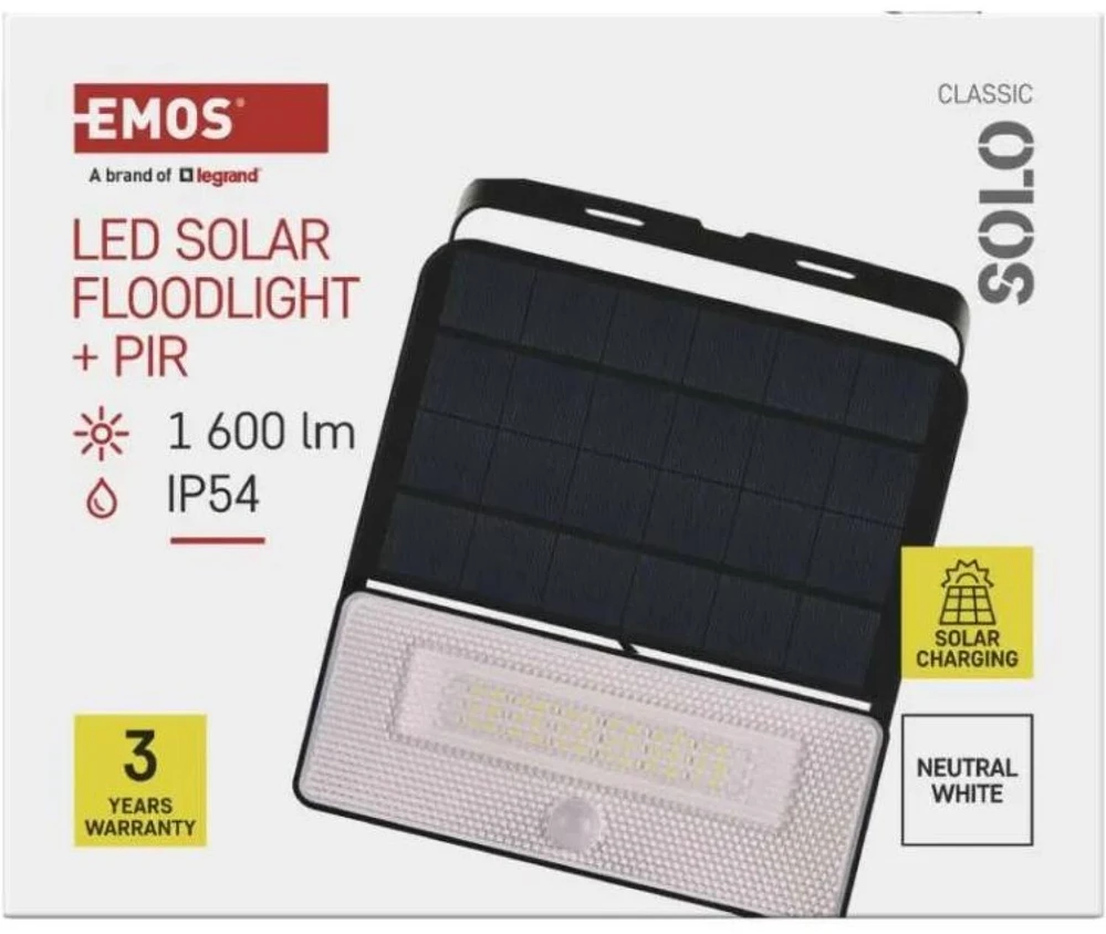 Kondicionierius Emos SOLO prožektorius ZG122S, 1600 lm, 3,7 V, IP54, PIR jutiklis, 100°, 6 m, Li-Ion 3600 mAh, neutralus baltas