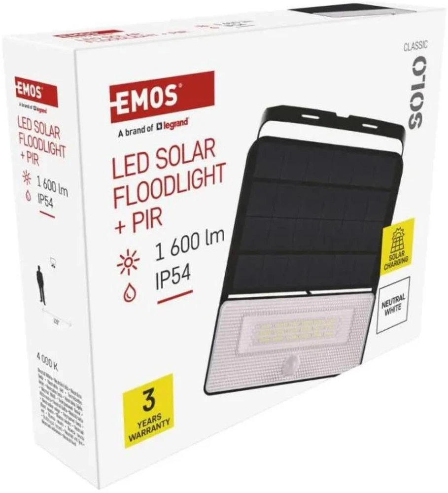 Kondicionierius Emos SOLO prožektorius ZG122S, 1600 lm, 3,7 V, IP54, PIR jutiklis, 100°, 6 m, Li-Ion 3600 mAh, neutralus baltas