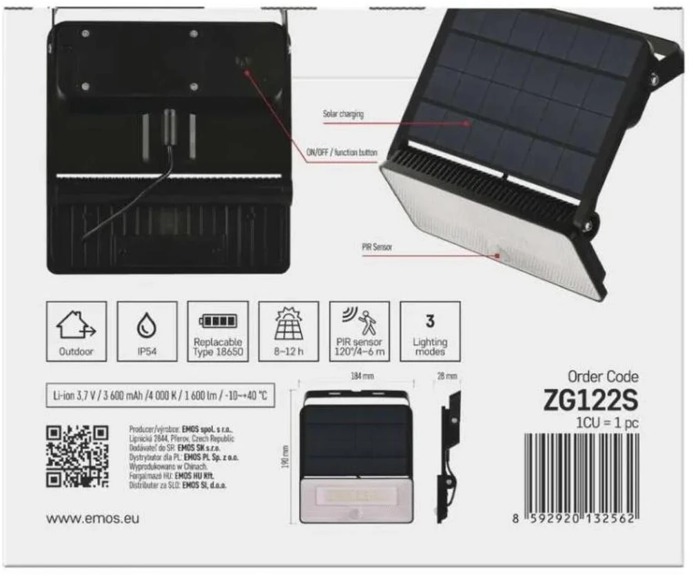 Kondicionierius Emos SOLO prožektorius ZG122S, 1600 lm, 3,7 V, IP54, PIR jutiklis, 100°, 6 m, Li-Ion 3600 mAh, neutralus baltas