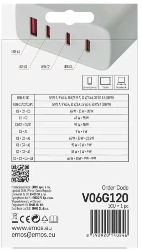 Emos Universal USB adapter GaN to PD 120 W max.