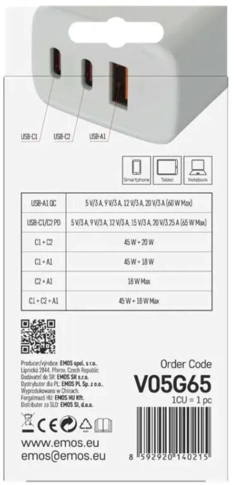 Emos Universal USB adapter GaN to PD 65 W max.