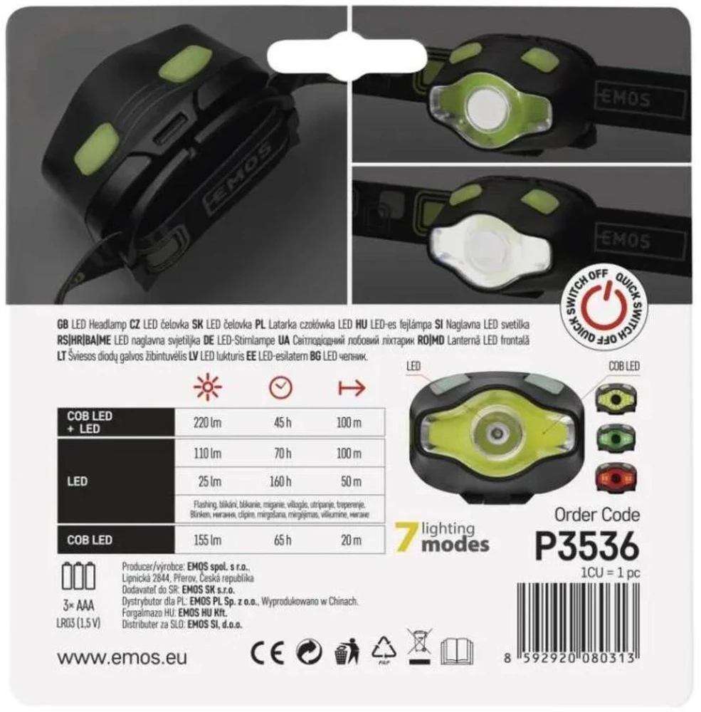 Emos Žibintuvėlis priekinis P3536 LED COB 3W + LED 3W, 220 lm, 100m 3 AAA