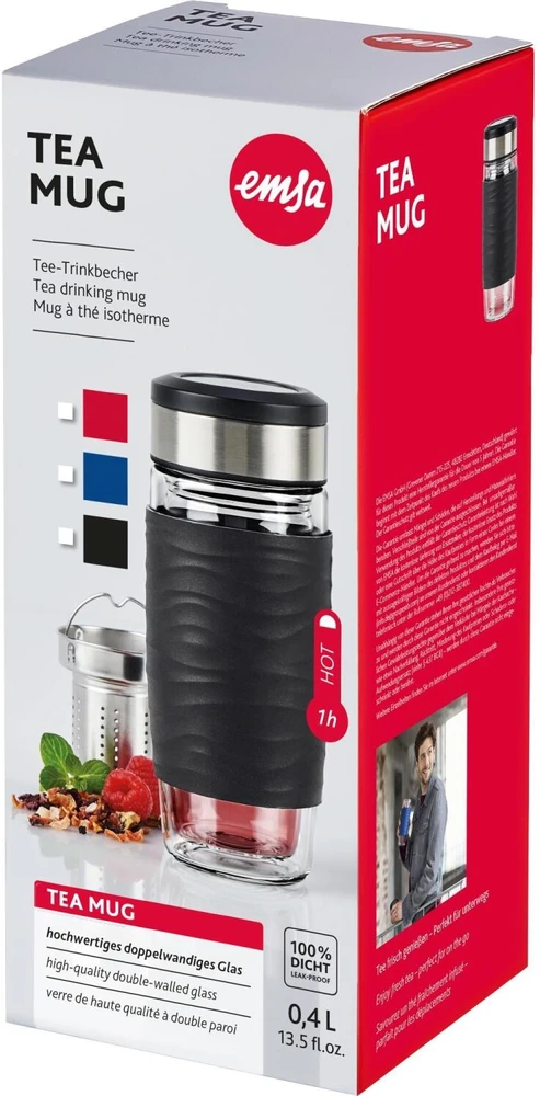 Emsa Emsa Tea Mug thermal tea mug 0.4 liters (mėlynas/transparent, glass, screw cap)