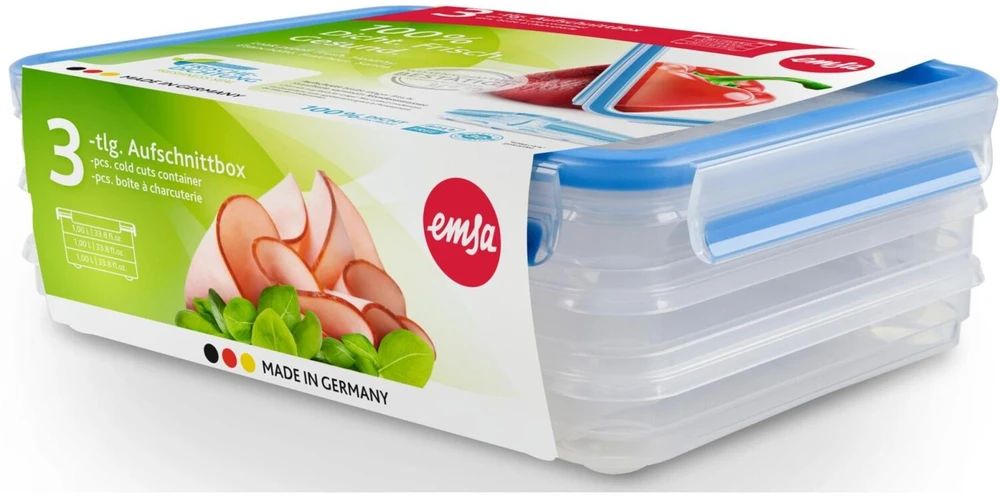 Emsa CLIP & CLOSE šaltų mėsos gaminių dėžių sistema, 1,0 litro, 4 dalių, skardinė (skaidri/mėlyna, stačiakampė)