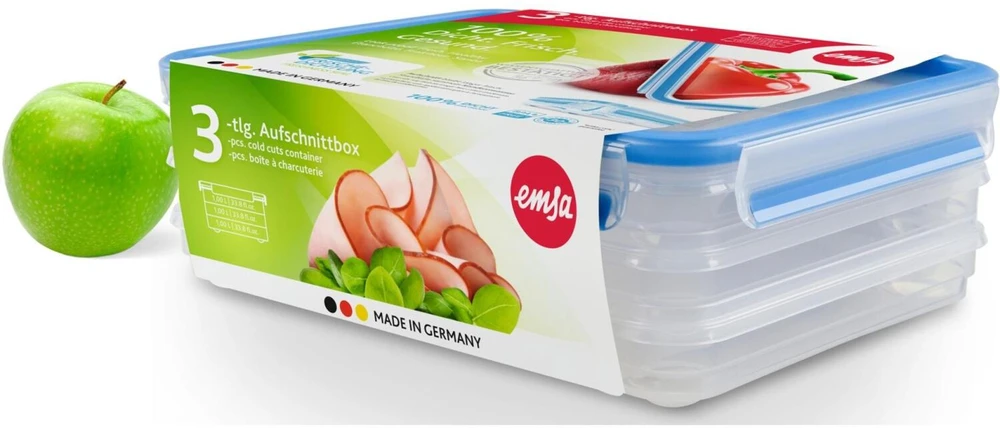 Emsa CLIP & CLOSE šaltų mėsos gaminių dėžių sistema, 1,0 litro, 4 dalių, skardinė (skaidri/mėlyna, stačiakampė)