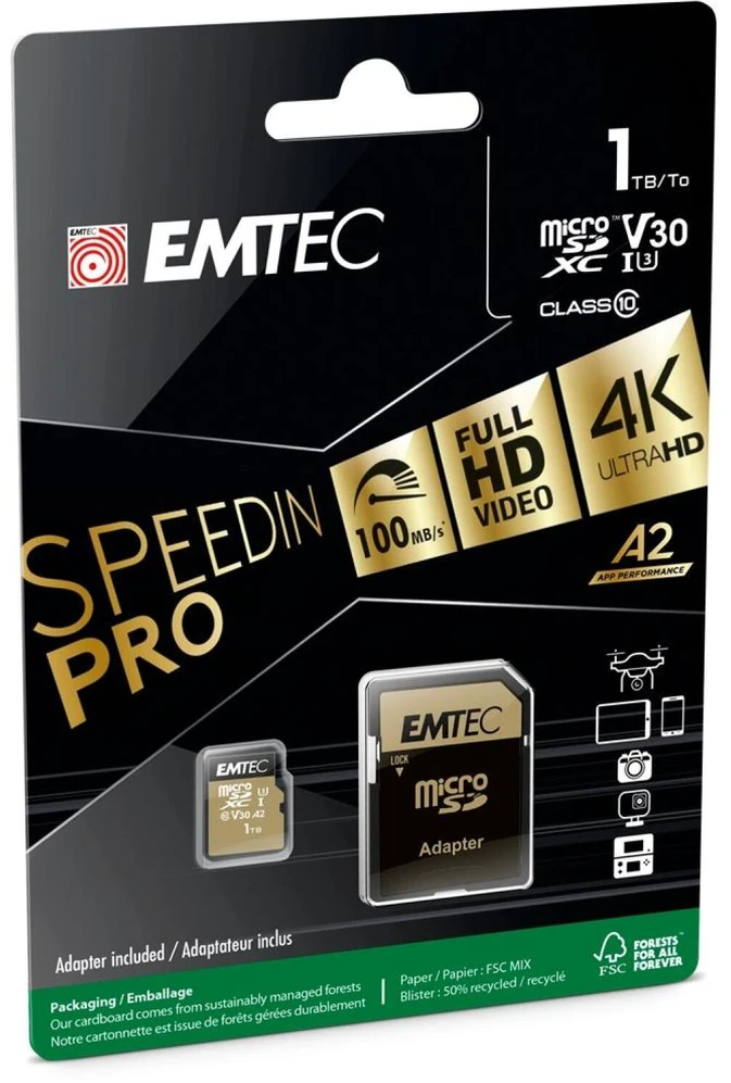 Micro SDXC atminties kortelė UHS-I U3 V30 A2 Emtec SpeedIN Pro, 1 TB