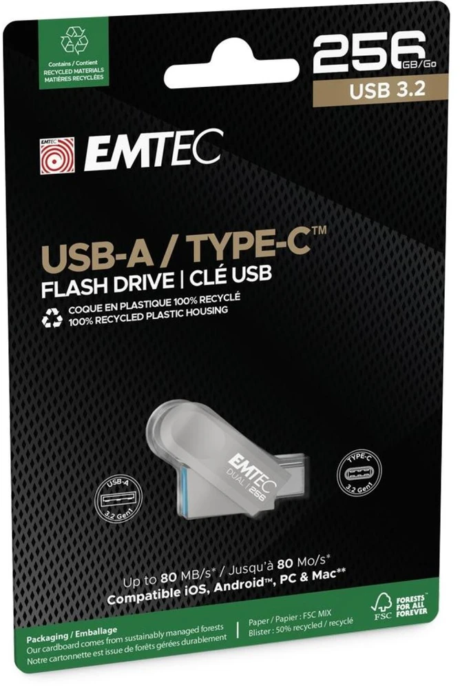 USB atmintinė su USB-A ir USB-C jungtimis Emtec D280, 256 GB