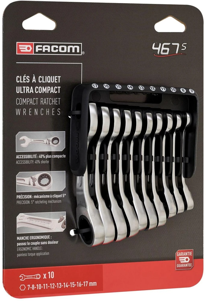 Facom 467BS.JP10PB reketiniai kombinaciniai raktai, 10 vnt., 72 dantys, 15° poslinkis, trumpa rankena, OGV® profilis