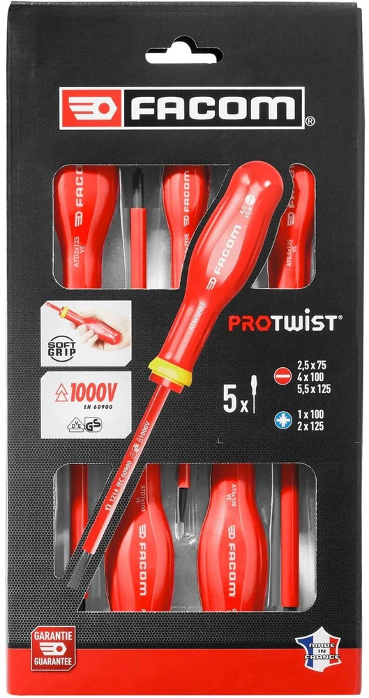 5 „Tournvis Protwist“ izoliuotų 1000 V „Facom“ – AT5VE.PB antgalių dėžutė (pristatoma su 3 atsuktuvais + 2 antgaliais)