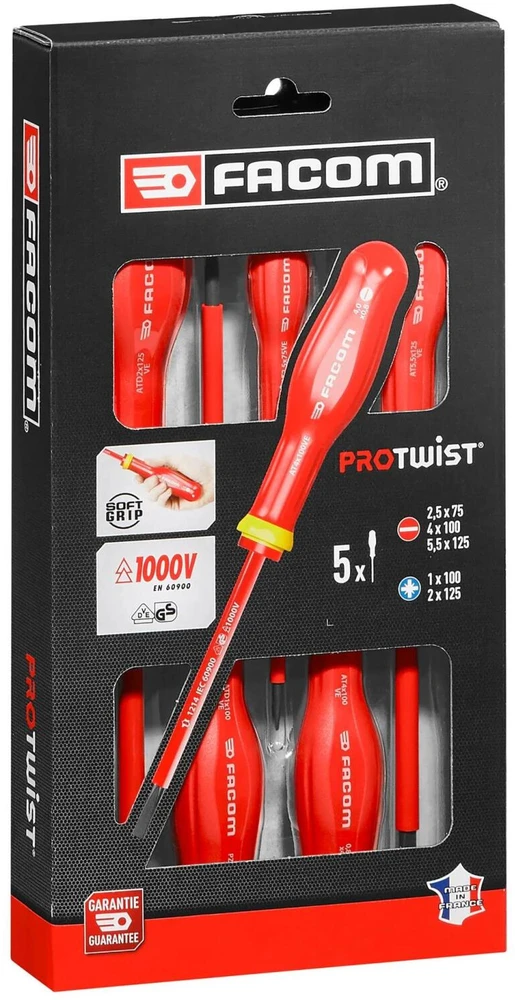5 „Tournvis Protwist“ izoliuotų 1000 V „Facom“ – AT5VE.PB antgalių dėžutė (pristatoma su 3 atsuktuvais + 2 antgaliais)