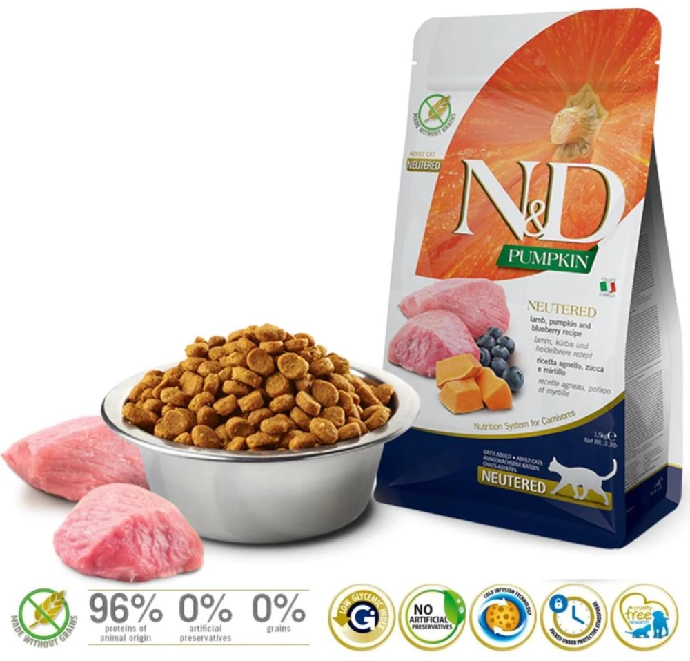 FARMINA N&D PUMPKIN CAT ėriena & BLUEBERRY NEUTERED ADULT 1,5kg