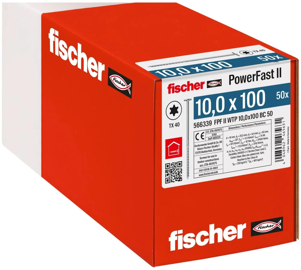 Drėkintuvas Fischer fischer medinė konstrukcinė varžtas PowerFast II 10.0x100 plokščia galva TX (50 vnt., dalinis sriegis, cinkuotas)