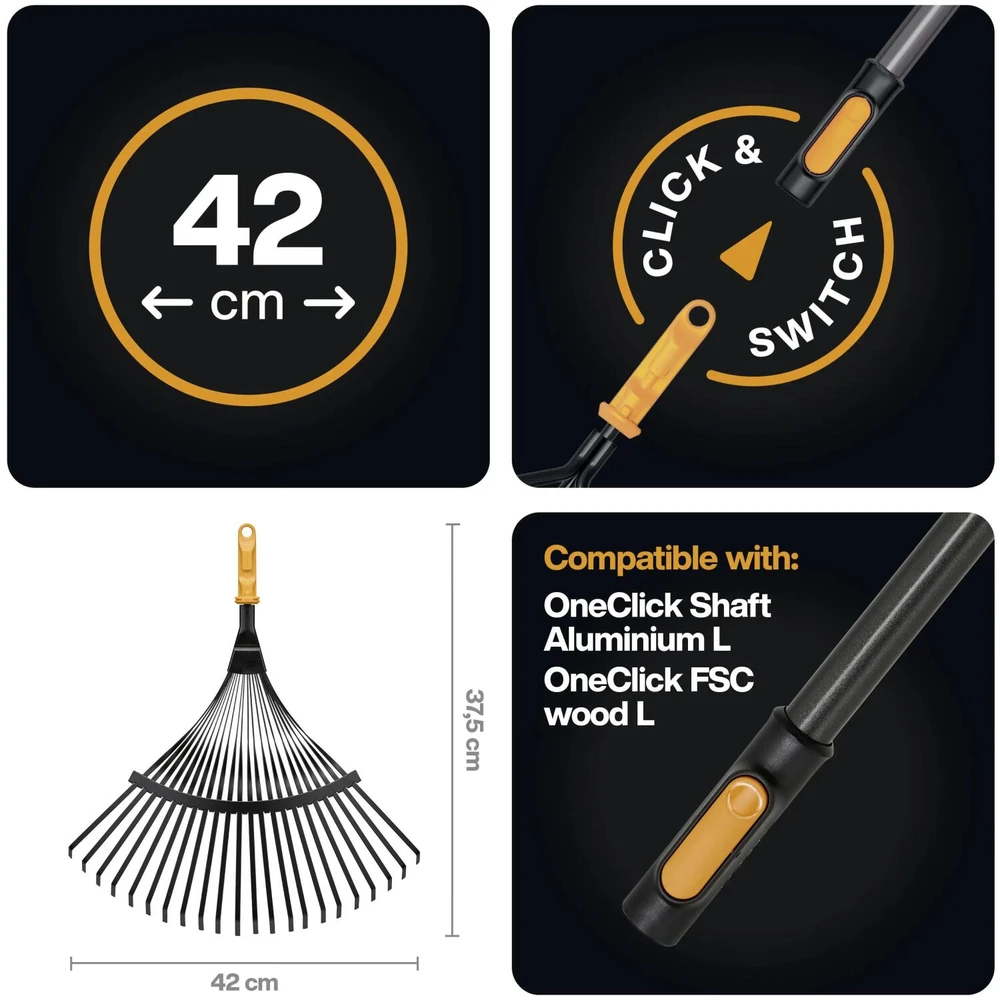 Lapų grėblys vėduoklinis Fiskars OneClick 1080675, 37.5 cm