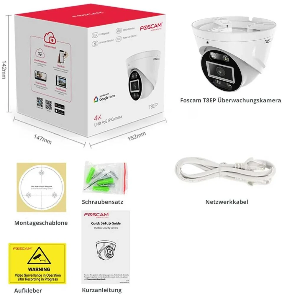 Foscam T8EP, IP apsaugos kamera, lauko, laidinė, „Amazon Alexa“ ir „Google Assistant“, 4500 K, FCC, CE, WEEE