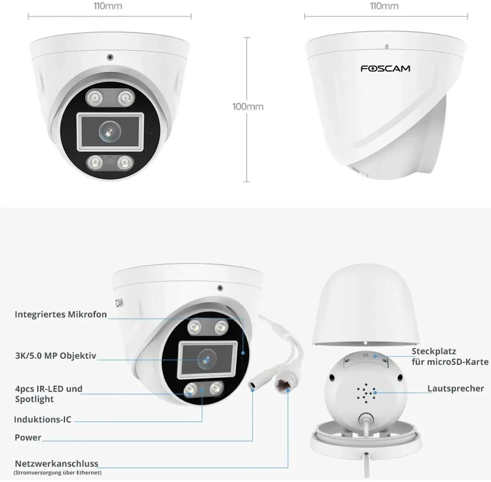Foscam T8EP, IP apsaugos kamera, lauko, laidinė, „Amazon Alexa“ ir „Google Assistant“, 4500 K, FCC, CE, WEEE