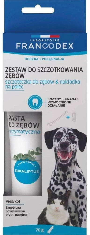 Gyvūnų priežiūra - FRANCODEX Dantų šepetėlis ir dantų pasta rinkinys (70g, be cukraus, be glitimo)