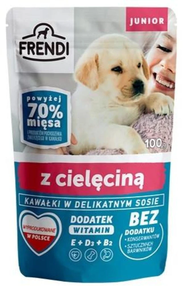 FRENDI Junior Gabaliukai subtiliame padaže su veršiena – Šlapias Maistas šunims – 100 g