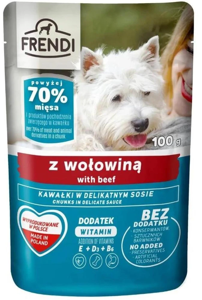 Šunų maistas - FRENDI gabaliukai padaže jautiena (Frendi, 100g, 7% baltymų, 82% drėgmės)