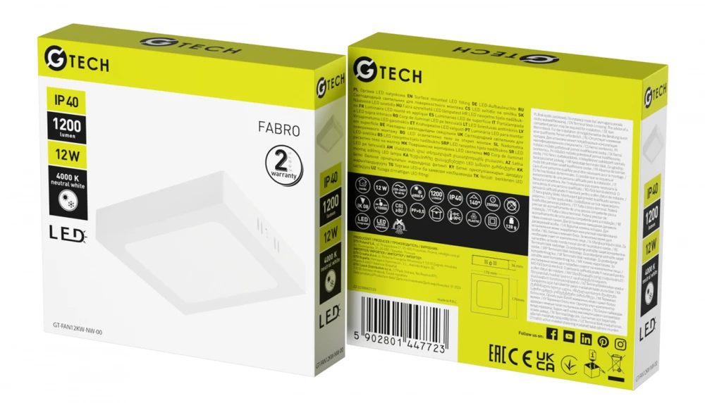 G-TECH FABRO Downlight, LED, 12W, 1200lm, 4000K, AC220-240V, IP40, surface-mounted, square