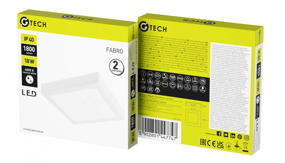 G-TECH FABRO Downlight, LED, 18W, 1800lm, 4000K, AC220-240V, IP40, surface-mounted, square