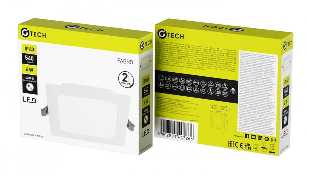 G-TECH FABRO Downlight, LED, 6W, 540lm, 4000K, AC220-240V, IP40,recessed, square, baltas