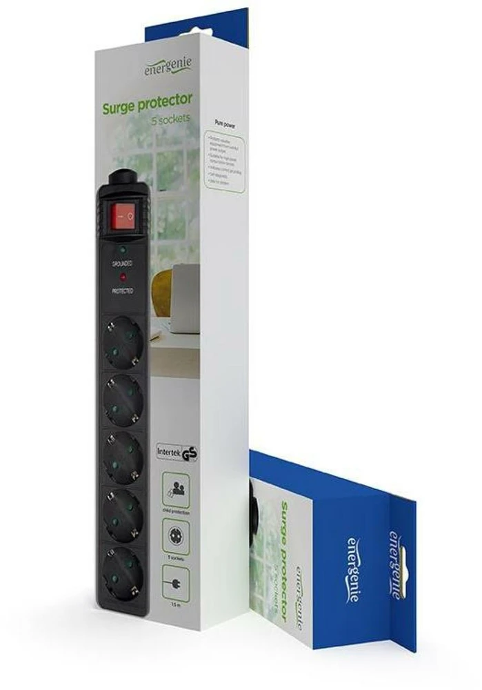 Gembird EnerGenie | Įtampos apsaugos filtras SPG5-C-5/ 1,5 m/ 5 lizdai/ Juoda