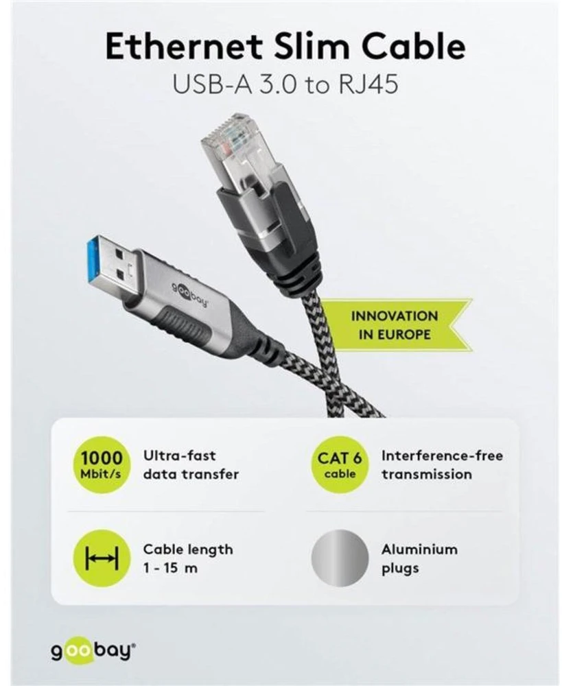 Goobay Kabelis Ethernet USB-A 3.0 do RJ45, Slim, 5 m - Długość kabla 5 m