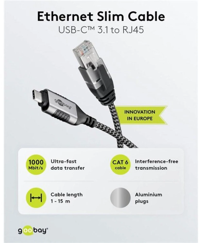 Goobay 74404, USB 3.1 A tipo, RJ45, 3 m, juodas, sidabrinis