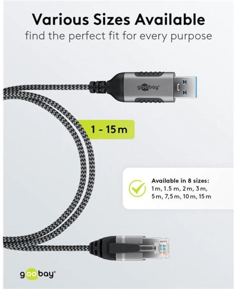 Goobay 74393, USB 3.0 A tipo, RJ45, 1 m, Juoda, Sidabras