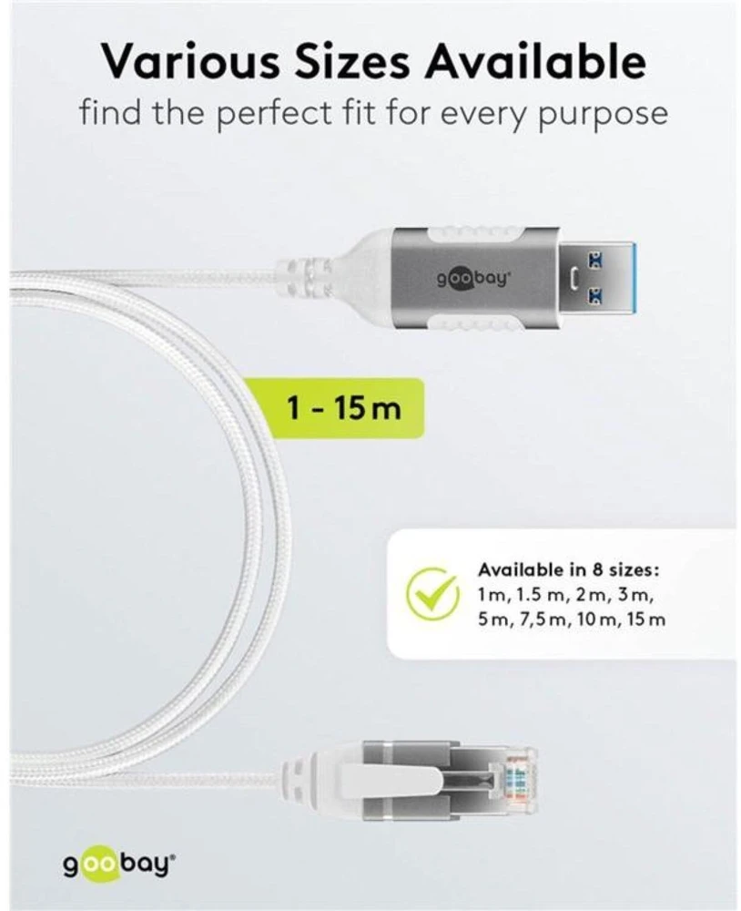 Goobay 74377, USB 3.0 A tipo, RJ45, 1 m, baltas