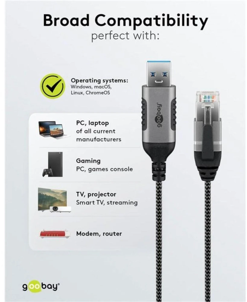 Goobay 74393, USB 3.0 A tipo, RJ45, 1 m, Juoda, Sidabras