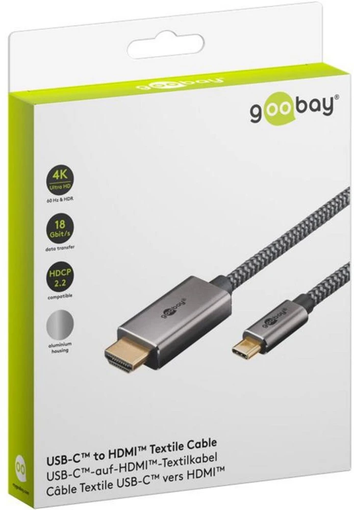 Goobay USB-C™ į HDMI™ 4K @ 60 Hz tekstilinis kabelis, 2 m, juodas sidabras – laido ilgis 2 m