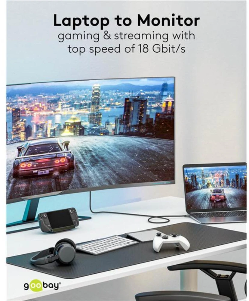 Goobay USB-C™ į HDMI™ 4K @ 60 Hz tekstilinis kabelis, 2 m, juodas sidabras – laido ilgis 2 m