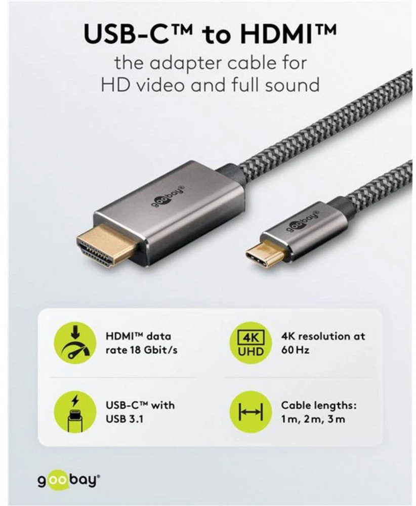 Goobay USB-C™ į HDMI™ 4K @ 60 Hz tekstilinis kabelis, 2 m, juodas sidabras – laido ilgis 2 m