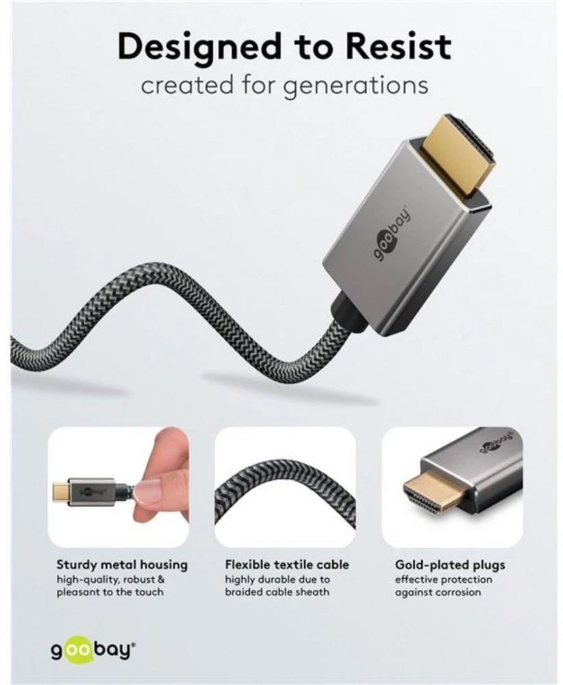 Goobay USB-C™ į HDMI™ 4K @ 60 Hz tekstilinis kabelis, 2 m, juodas sidabras – laido ilgis 2 m